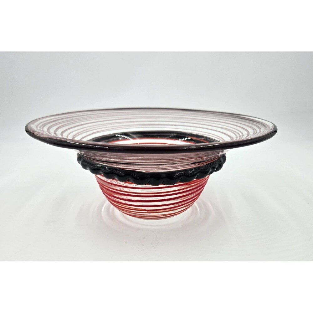 Vintage Hand Blown Swirl Art Glass Multi Ribbon Trail Polished Bottom Dish Bowl